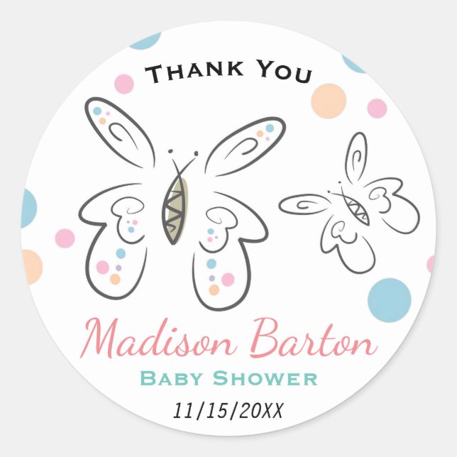 Cute Butterflies and Dots Girl Baby Shower Classic Round Sticker (Front)