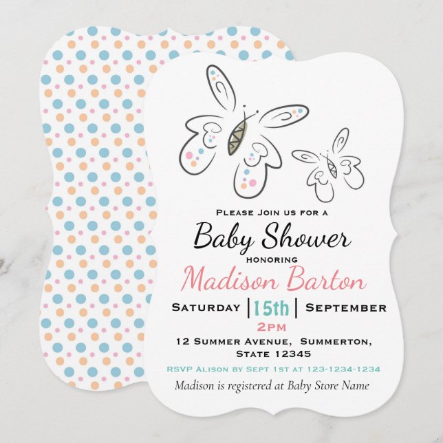 Cute Butterflies and Dots Girl Baby Shower Invitation (Front/Back)
