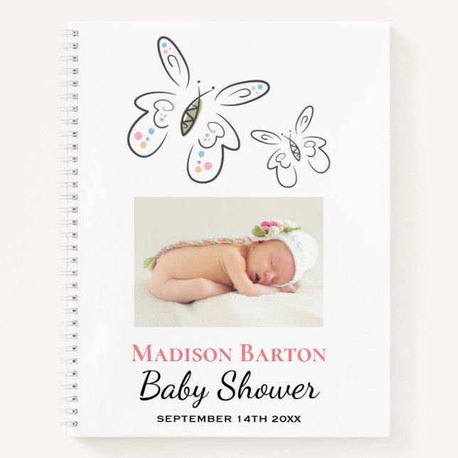 Cute Butterflies and Dots Girl Baby Shower Notebook (Front)
