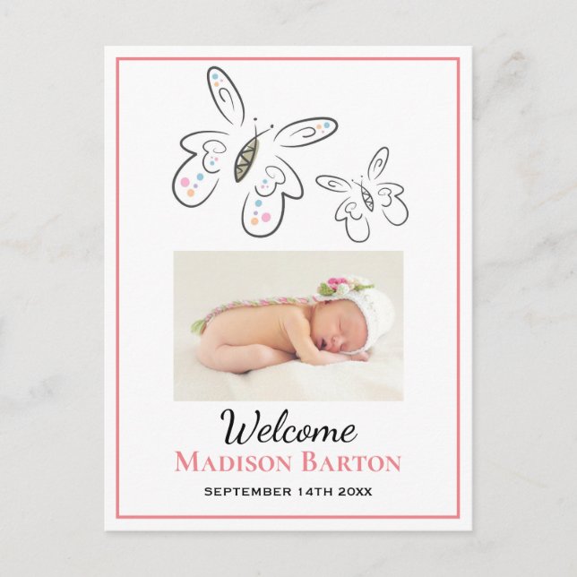Cute Butterflies Baby Girl Photo Announcement Postcard (Front)