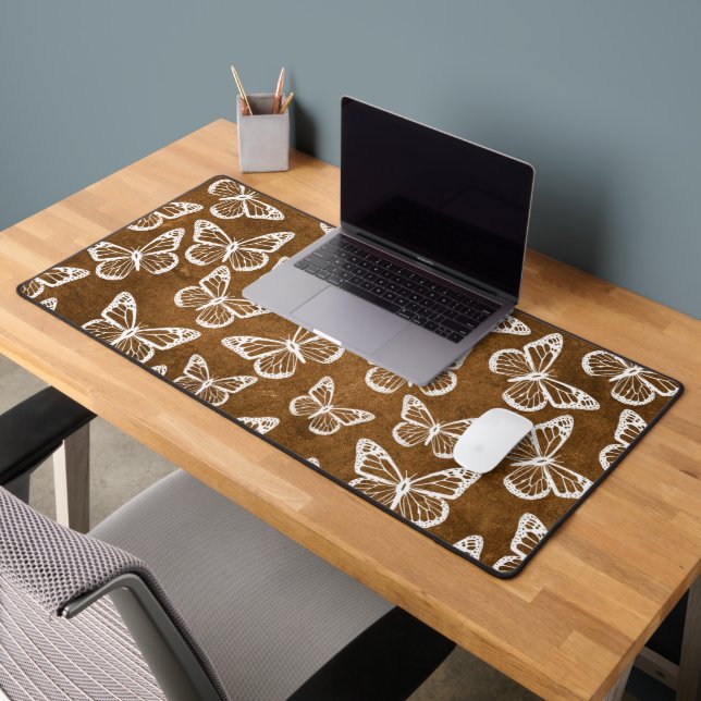  Cute Butterflies Elegant Chic Pattern Brown White Desk Mat (Office 2)