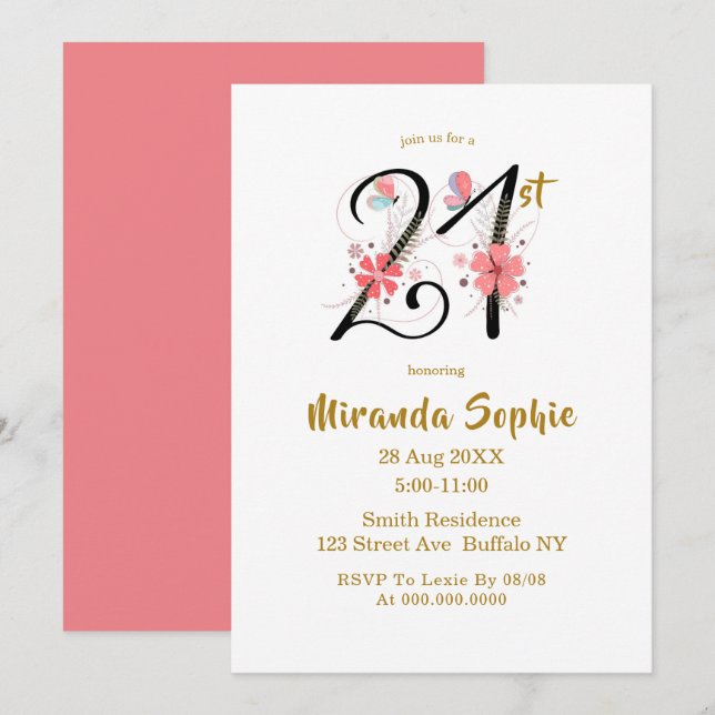 Cute Butterflies Floral 21st Birthday Invitations  (Front/Back)