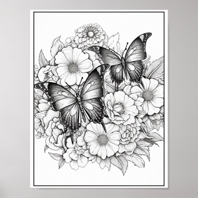 Cute Butterflies/Flowers Colouring Poster (Front)