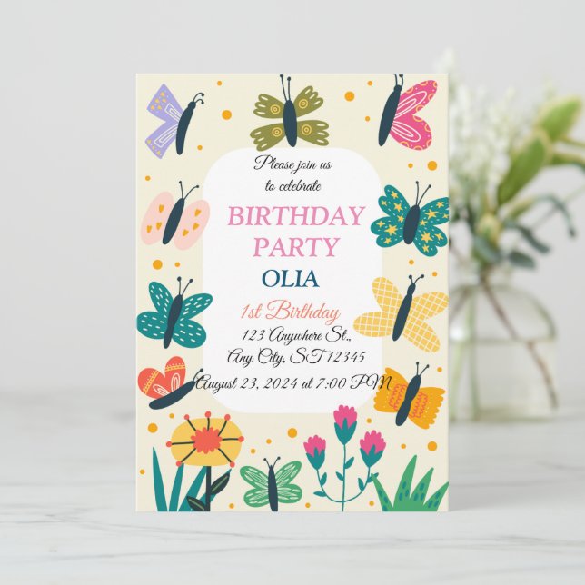Cute Butterfly 1st birthday invitation (Standing Front)