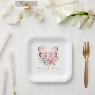 Cute Butterfly and Florals Pink Baby Shower Paper Plate