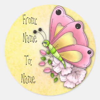 Cute butterfly and flowers classic round sticker
