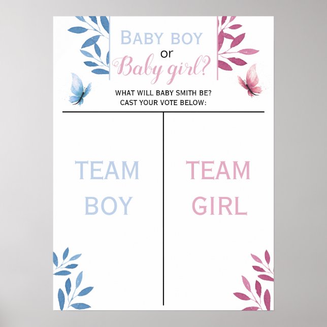 Cute butterfly Blue or Pink Gender Reveal Vote Poster (Front)