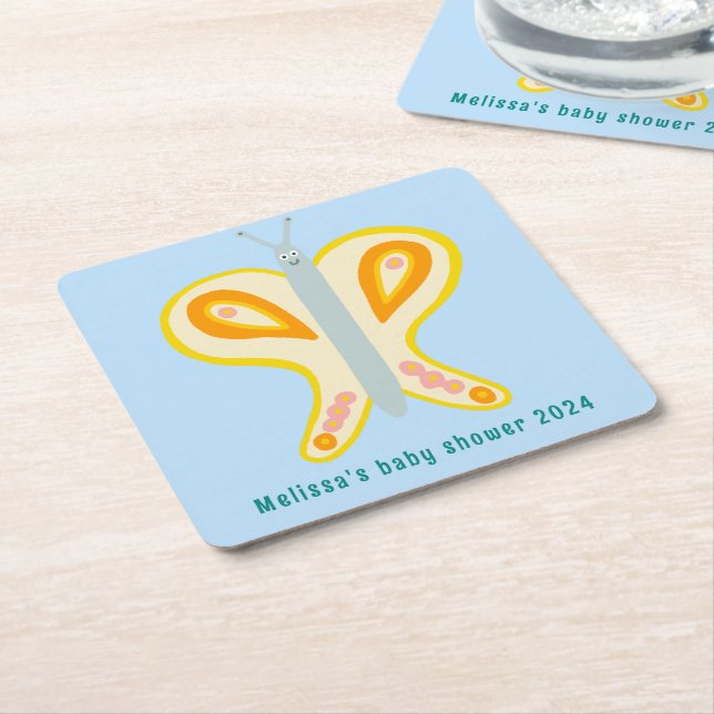 Cute Butterfly CUSTOM Baby Shower Square Paper Coaster (Angled)