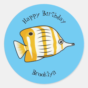 Cute butterfly fish cartoon illustration  classic round sticker