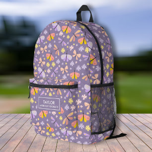Cute Butterfly Floral, Personalised Kids Name Text Printed Backpack