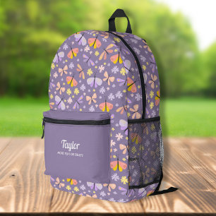 Cute Butterfly Floral, Personalised Kids Name Text Printed Backpack