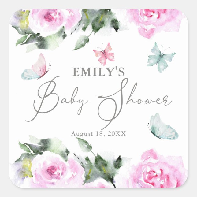 Cute Butterfly Flowers Baby Shower Square Sticker (Front)