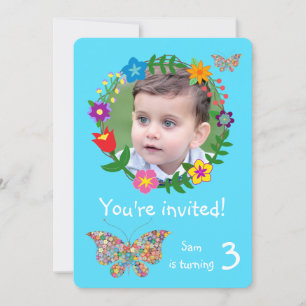 Cute Butterfly Flowers Boys Birthday Party Invitation
