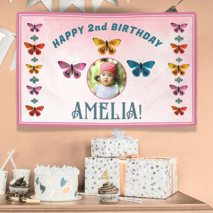 Cute Butterfly Flowers Girl Birthday Party Photo Banner