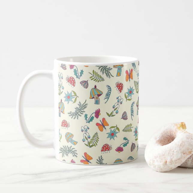 Cute butterfly, flowers, mushrooms, moth, bug art coffee mug (With Donut)