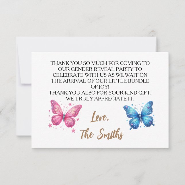 cute butterfly Gender Reveal Party garden Thank You Card (Front)