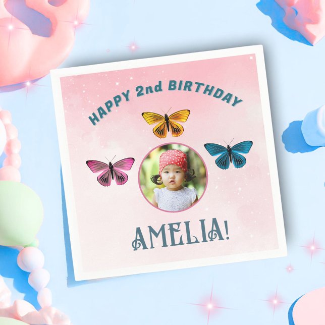 Cute Butterfly Girl Birthday Party Photo Napkin (Creator Uploaded)