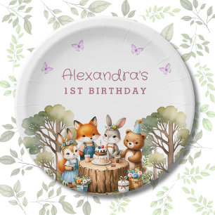 Cute Butterfly Girl Woodland Animals 1st Birthday Paper Plate