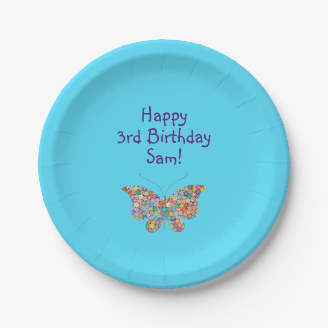 Cute Butterfly Happy 3rd Birthday Personalise Paper Plate (Front)
