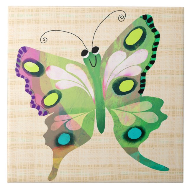 Cute Butterfly in Blue Ceramic Tile (Front)