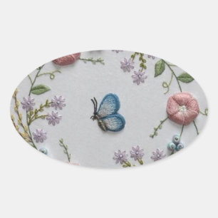 cute butterfly mint green pink Embroidery Floral Oval Sticker