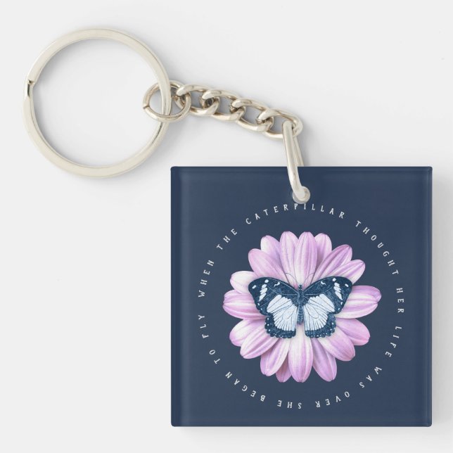 Cute Butterfly on Pink Daisy Inspirational Quote Key Ring (Front)