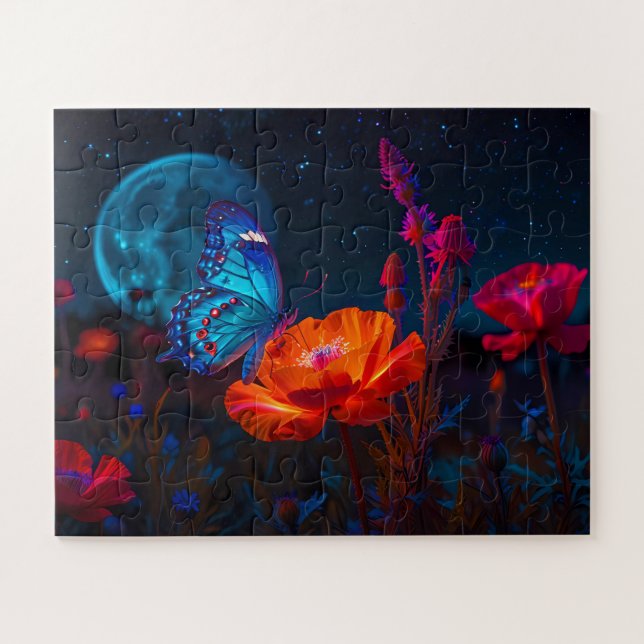 Cute Butterfly on Psychedelic Poppy in Moonlight Jigsaw Puzzle (Horizontal)