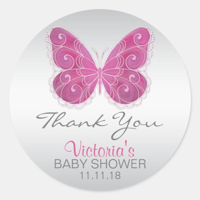 Cute Butterfly Pink Baby Shower Labels Stickers (Front)
