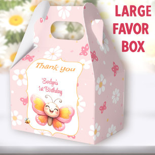 Cute Butterfly Pink Floral Girl 1st Birthday Large Favour Box