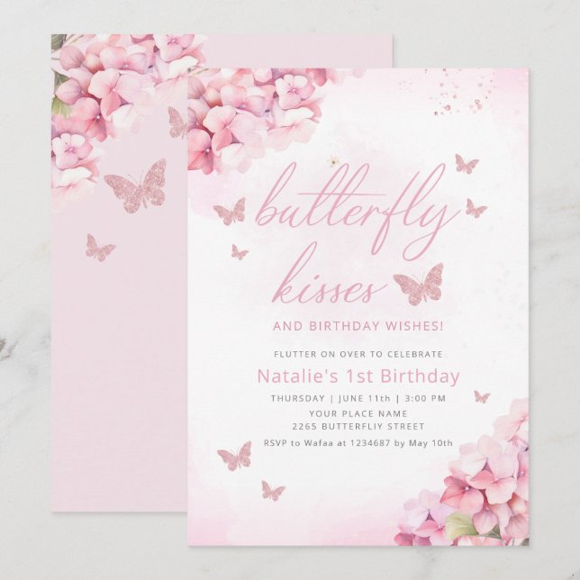 Cute Butterfly Pink Watercolor Floral 1st Birthday Invitation (Front/Back)
