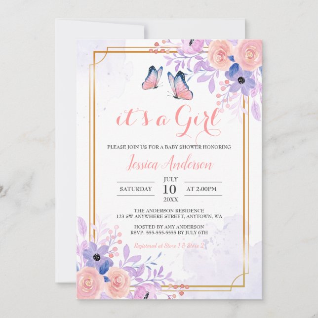 Cute Butterfly Purple Pink Floral Girl Baby Shower Invitation (Front)