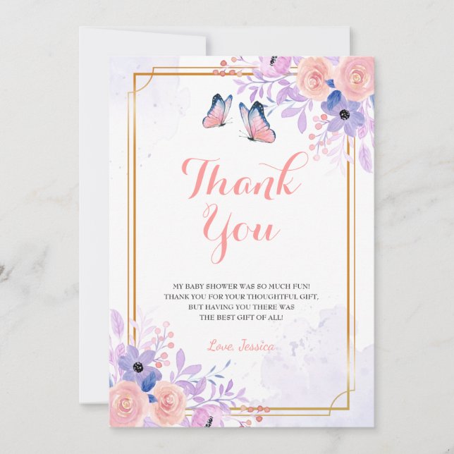 Cute Butterfly Purple Pink Floral Girl Baby Shower Thank You Card (Front)