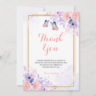 Cute Butterfly Purple Pink Floral Girl Baby Shower Thank You Card