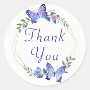 Cute Butterfly Thank You Floral Wreath Wedding Classic Round Sticker