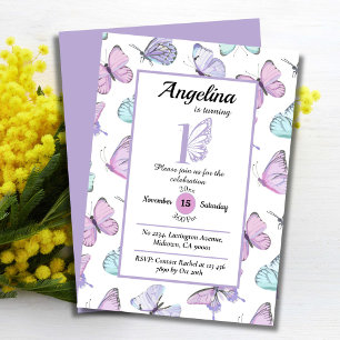 Cute butterfly themed 1st birthday purple & white invitation