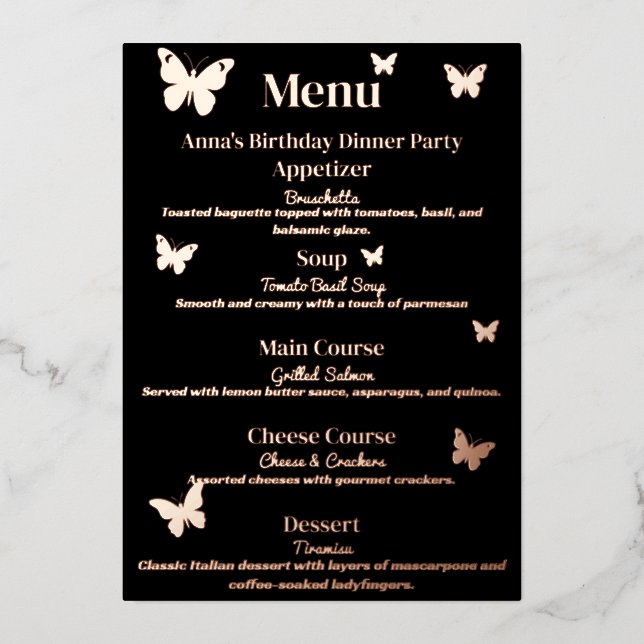 Cute Butterfly-Themed Birthday Dinner Party Menu (Front)