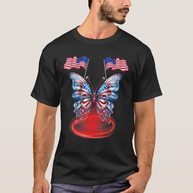Cute Butterfly USA Flag 4th Of July for USA Americ T-Shirt (Front)