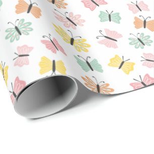 Cute butterlies in pastel colours on white wrapping paper