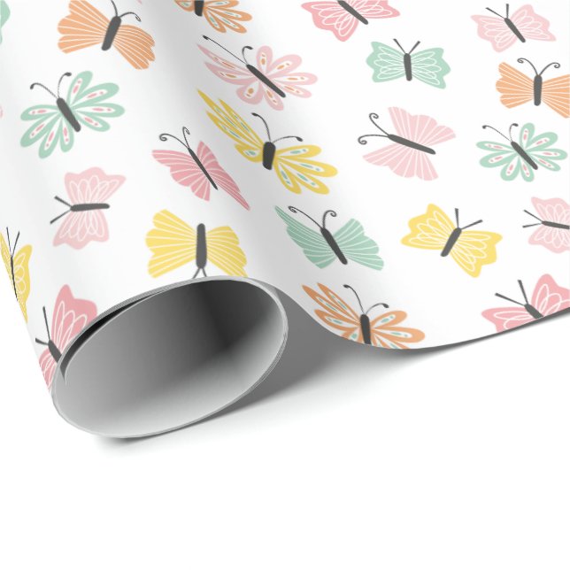 Cute butterlies in pastel colours on white wrapping paper (Roll Corner)