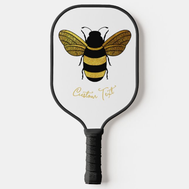 CUTE BUZZY BEE, GOLD AND BLACK, DELICATE SCRIPT PICKLEBALL PADDLE (Back)