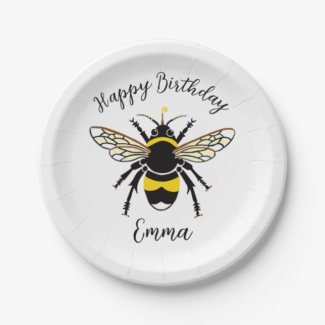 Cute Buzzy BEE  Wildlife - Happy Birthday - Party  Paper Plate (Front)