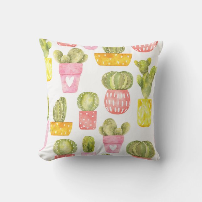 Cute cacti in bright pots for a summer vibe cushion (Front)