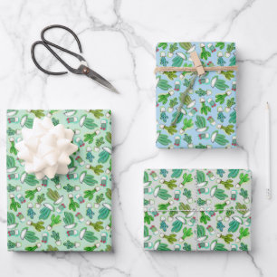 Cute cacti, succulent cactus in white pots wrapping paper sheet