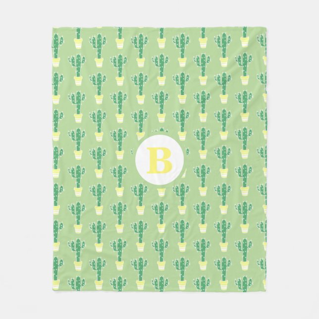 Cute Cacti Yellow Potted Cactus | Monogram Fleece Blanket (Front)