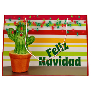 Cute Cactus and Holiday Lights Feliz Navidad Large Gift Bag