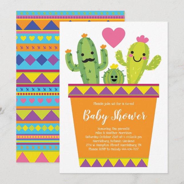 Cute Cactus Baby Shower Colourful Southwestern Invitation (Front/Back)