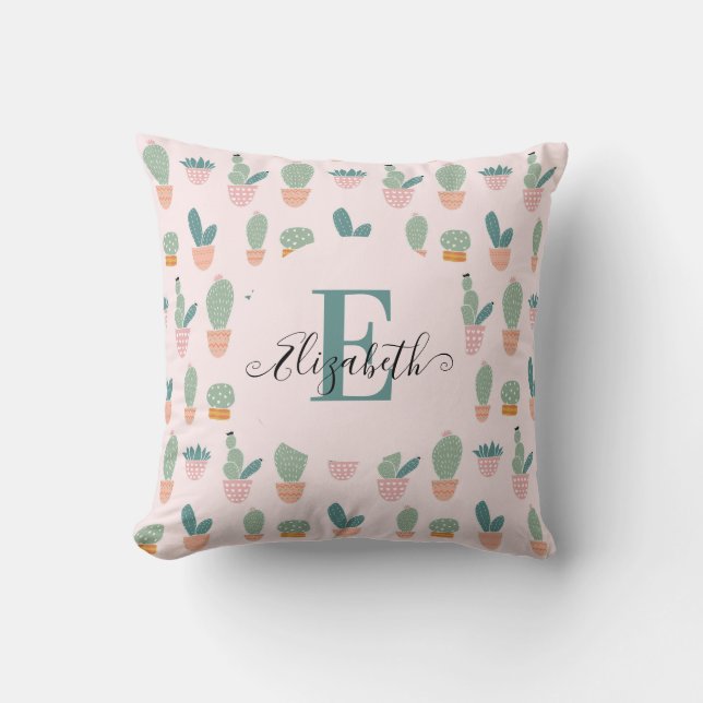 Cute Cactus Cacti Succulent Pink Greenery Monogram Cushion (Front)