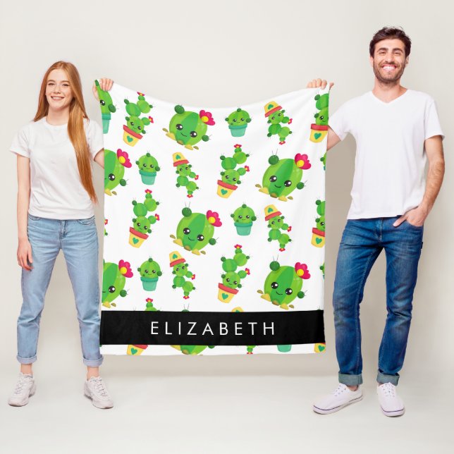 Cute Cactus, Cactus Pattern, Succulent, Your Name Fleece Blanket (In Situ)