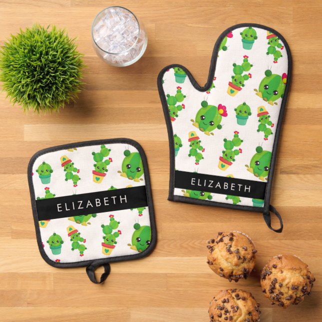 Cute Cactus, Cactus Pattern, Succulent, Your Name Oven Mitt & Pot Holder Set (Top Down)