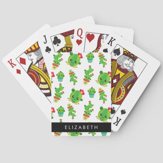 Cute Cactus, Cactus Pattern, Succulent, Your Name Playing Cards (Back)